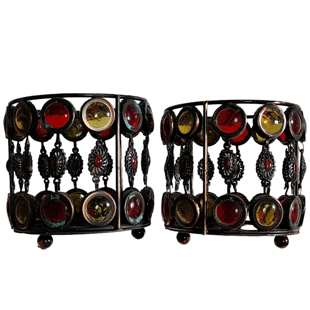 Set of 2 Wire Votive‎ Holders Boho Style with Colored Glass Bead Decoration
